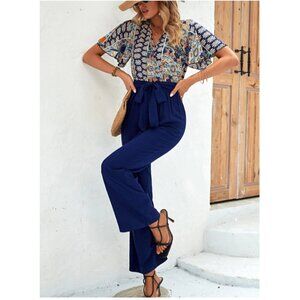 NWOT SHEIN Holidaya Graphic Print Butterfly Sleeve Belted Jumpsuit